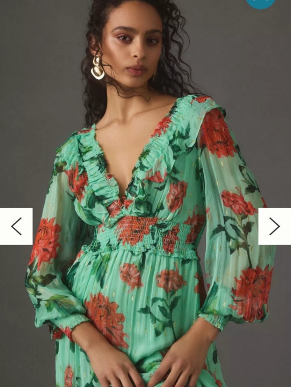 Anthropologie Floral Ruffle V-Neck boho long sleeve maxi dress green small gold